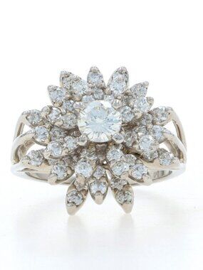 White Gold Diamond Vintage Cluster Cocktail Ring - 14k Round 1.62ctw Floral